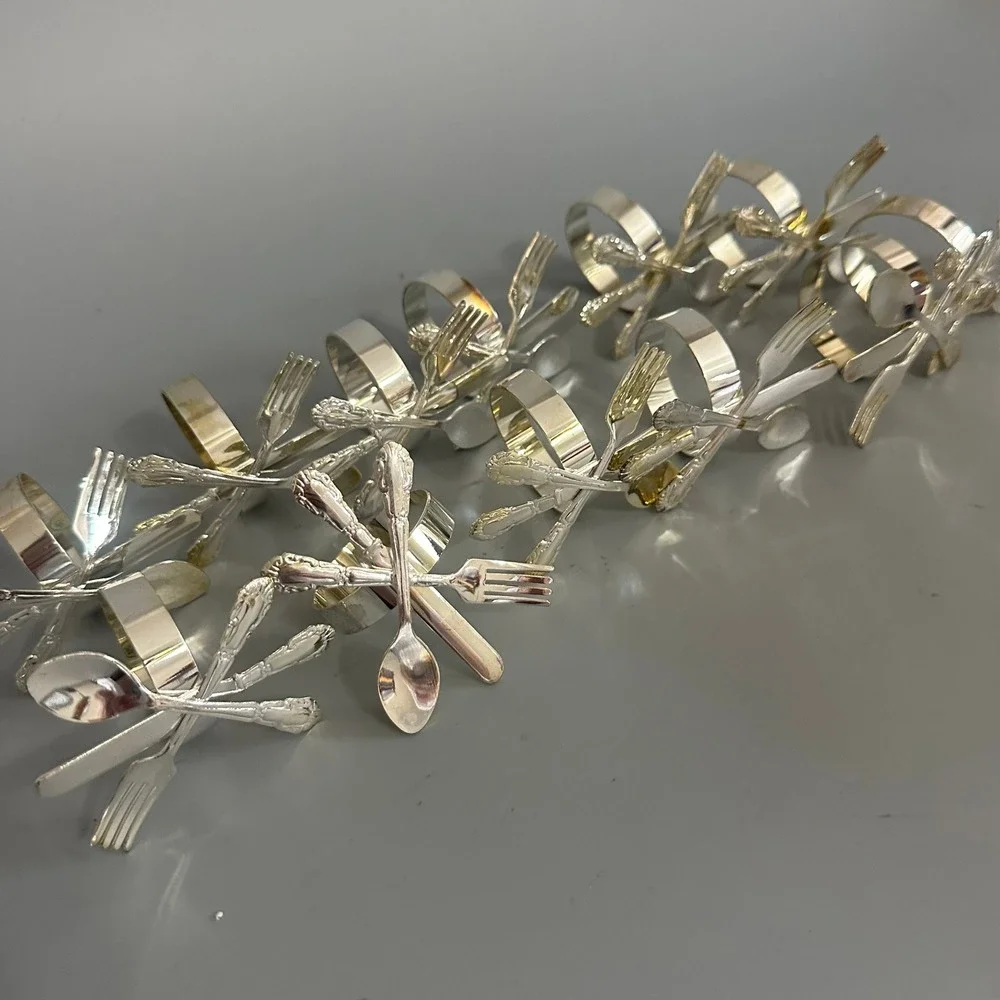 Set of 12 Silver Plated Napkin Rings Crossed Flatware Fork Knife Spoon Motif